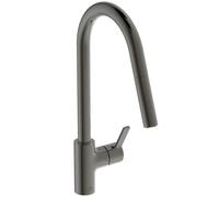Ideal Standard - Gusto - Grifo monomando para fregadero de cocina, caño alto tubular con ducha de mano ajustable y extraíble con dos funciones, gris magnético
