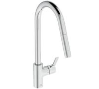 Ideal Standard - Gusto Monomando de cocina, Caño redondo en C, con rociador extraíble y dos modos de chorro, caño giratorio 360°, fácil de instalar con fijación EasyFix+, Cromo