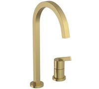 Ideal Standard - Gusto Monomando de cocina de dos orificios, Caño cuadrado en C, con cartucho FirmaFlow, caño giratorio 360°, Conexión de tornillo desde abajo, Oro Cepillado