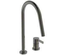 Ideal Standard - Gusto Monomando de cocina de dos orificios, Caño redondo en C, con cartucho FirmaFlow, caño giratorio 360°, Conexión de tornillo desde abajo, Gris Magnético