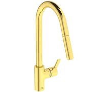 Ideal Standard - Gusto, monomando para fregadero de cocina, caño alto tubular con ducha de mano ajustable y extraíble con dos funciones, oro cepillado