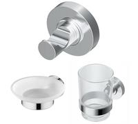 Ideal Standard set accesorios baño (3 en 1), set con A9115AA IOM gancho de toalla + A9122AA IOM jabonera de pared baño + A9120AA IOM portavasos cristal translúcido, Cromado