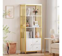 IDEALHOUSE Estantería dorada con cajones, moderna estantería de almacenamiento, estantería alta de pie, con marco de metal, estantes grandes para libros, para dormitorio, sala de estar, oficina en