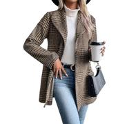 IDEALSANXUN Blazer largo de lana a cuadros para mujer, trajes de otoño e invierno, gabardina de manga larga, casual, elegante, chaqueta con solapa, Beige Marrón, S