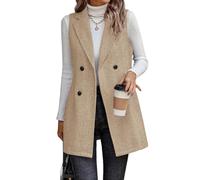 IDEALSANXUN Chaleco largo para mujer, chaqueta de tweed sin mangas, chaqueta de otoño, cárdigan, ropa de abrigo, Caqui, M