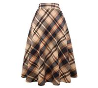 Idealsanxun - Faldas largas de Lana a Cuadros para Mujer, Cintura elástica, Acampanada, Plisadas, café Largo., XL