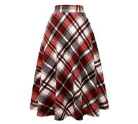IDEALSANXUN Faldas largas de Lana a Cuadros para Mujer, Cintura elástica, Acampanada, Plisadas, Vino Largo, XL