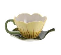 IDEANATEGRATE Juego de Taza y Platillo de Cerámica con Forma de Tulipán y Asa Ergonómica, 320 Ml, Pintada a Mano para Desayuno en Casa