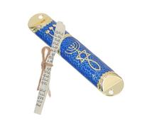 IDEANATEGRATE Mezuzá de Metal con Pergamino Clásico para Puerta, Decoración Religiosa Judía Hogar, Diseño Vintage en Aleación de Zinc Dorada y Azul, Set de 1 Pieza Adecuado para Mitzvá