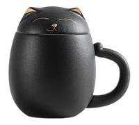 IDEANATEGRATE Taza de Cerámica Negra Set de 1 de 400ml con Tapa y Filtro, Diseño Gato para Beber Té y Café en Casa u Oficina