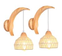 iDEGU 2 Piezas Lámparas de Pared Interior de Madera y Ratán Retro Lámpara Colgante Ajustable Diseño de Luna E27 Aplique de Pared Vintage para Dormitorio, Salón, Pasillo, Comedor, Cafetería (Blanco)