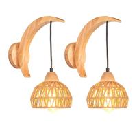 iDEGU 2 Piezas Lámparas de Pared Interior de Madera y Ratán Retro Lámpara Colgante Ajustable Diseño de Luna E27 Aplique de Pared Vintage para Dormitorio, Salón, Pasillo, Comedor, Cafetería (Marrón)
