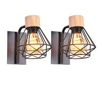 iDEGU 2 Piezas Lámparas de Pared Interior Industrial Ajustable Applique Murale de Hierro y Madera Diseño Jaula Negro Iluminación E27 Luz de Mur Vintage para Dormitorio, Sala de Estar, Cocina