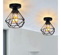 iDEGU 2 Piezas Lámparas de Techo Vintage Diseño Retro Industrial Luz Colgante de Jaula Metal LED Plafón Techo E27 Iluminación de Interior para Salón Pasillo Restaurante Café (16cm Mini Diamond, Negro)