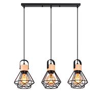 iDEGU 3 Luces Lámpara Colgante Vintage 16cm Lámpara de Techo de Madera Metal Diseño de Jaula Creativo Pantalla Negro E27 Iluminación de Interior Luz Colgante para Comedor Salón (Araña 3 Luces, Barra)