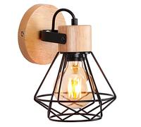 iDEGU Aplique de Pared Retro, 16CM Vintage Lámpara Interior de Madera Hierro Diseño Jaula Creativo Lámpara de Techo Ajustable E27 Iluminación para Dormitorio Salón Pasillo (1x Negro)