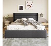 Idemon Cama acolchada hidráulica para cama doble, somier de láminas de madera, cama con somier de láminas de estructura metálica, lino (gris, 180 x 200 cm)