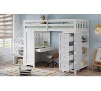 Idemon Cama alta con espacio de almacenamiento y área de aprendizaje, litera, mesa empotrada, cajones, estantes laterales, madera de pino+tablero de partículas, blanco, 90 x 200 cm