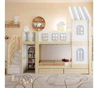 Idemon Litera 90 x 200 cm, con barandilla en forma de nube, estructura de techo con ventanas, escalera de almacenamiento, estantes y cajones, cama para niños y niñas, cama doble, color blanco +