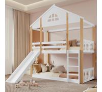 Idemon Litera con ventanas características y deslizadores angulares de tres niveles, cama infantil con tobogán, vallas y protección contra caídas, marco de madera maciza, blanco