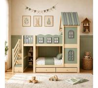 Idemon Litera de 90 x 200 cm, con barandilla en forma de nube, estructura de techo con ventanas, escalera de almacenamiento, estantes y cajones, cama para niños y niñas, cama doble, natural y verde