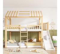 Idemon Litera de 90 x 200 cm con techo a dos aguas blanco y natural; cama alta con estante y tobogán de 35 cm, ascenso seguro, ideal para familias con, EN 747, sin colchón
