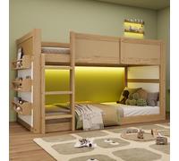 Idemon Litera, escalera de 3 niveles, con estante y barra de luz LED, valla en todos los lados, madera de pino+MDF+mimbre artificial, natural+blanco, 90 x 200 cm