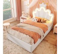 Idemon Princess Crown Bed with LED Lights & Hydraulic Storage, 90 x 200 cm | Headboard Adjustable Headboard, Upholstered PU Bed Frame, No Mattress,(2-Package Delivery) (blanco)