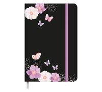 Idena 11167 - Agenda de bolsillo 2025 en formato 13 x 21 cm, 1 semana en 1 página, agenda en negro con motivo de flores, banda elástica, bolsillo interior y cinta marcapáginas