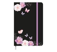 Idena 11169 - Agenda de bolsillo 2025 en formato 9 x 14 cm, 1 semana en 1 página, agenda en negro con motivo de flores, banda elástica, bolsillo interior y marcador de cinta