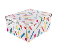 Idena 20225 - Caja de Almacenamiento con Tapa, Motivo Escolar, Aprox. 35 x 28 x 17 cm, Cesta de Almacenamiento de cartón Resistente con Bordes Reforzados de Metal, Incluye Campo para etiquetar