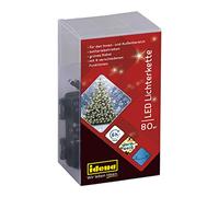 Idena 30438 - Cadena de luces LED con 80 LEDs en blanco cálido, 8 funciones de luz, con función de temporizador de 6 horas, funciona con pilas, para interior y exterior, para fiestas, navidad, decoración