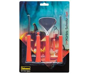 Idena 31284 - Set de tallado de calabazas para niños, compuesto por pala, 2 sierras, cuchillo para rodar y raspador, perfecto para sacar y dar forma a las calabazas de Halloween