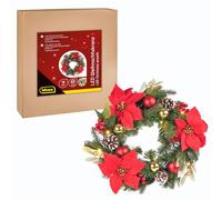 Idena 31902 - Corona navideña LED con 15 LED en Blanco cálido, Aprox. 40 cm, Corona de Adviento con Adornos en Rojo y Dorado, decoración navideña para Interiores