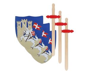 Idena 40032-3 - Juego de cruzados para niños, 3 escudos de madera y 3 espadas, accesorios de disfraz de caballero para carnaval, disfraces y fiestas temáticas