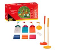 Idena 40383 - Juego de golf de madera de 11 piezas, incluye 2 palos, 2 pelotas de golf, 3 obstáculos y 4 agujeros con banderas, interior y exterior, para adultos y niños a partir de 6 años