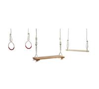 Idena 40394 - Conjunto de Columpio de Madera con Columpio de Tabla, Trapecio y Anillas, a Partir de 5 años, con Cuerdas de sujeción Ajustables y Anillas de Acero, Capacidad de Carga de hasta 50 kg