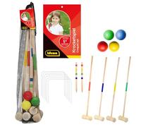 Idena 40609 - Juego de croquet de madera con raquetas, pelotas, puertas metálicas y barras de marcador objetivo, en práctica red de transporte, divertido juego de ocio para el jardín y el parque