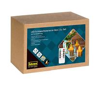 Idena 50062 - Velas LED con función de temporizador, batería, regulador de intensidad, 2 ajustes de luz y control remoto, 3 velas de cera real en vidrio para uso en interiores