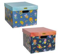 Idena 50068 - Caja de cartón para Juguetes, 2 Piezas Cada una Aprox. 33 x 25 x 35 cm, Caja de almacenaje con Tapa y Asas, Motivos de Animales con superhéroes y astronautas