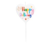 Idena 50097 - Vela de fiesta con forma de corazón Happy Birthday, vela de cumpleaños de cera de parafina, apta para alimentos, tamaño diseño aprox. 5 x 5 x 1 cm, longitud del pincho aprox. 4 cm