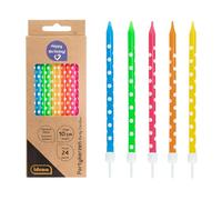 Idena 50103 - Velas de fiesta (24 unidades, 5 colores, con lunares, cera de parafina, apta para alimentos, aprox. 10 cm, incluye 24 soportes de 2 cm aprox.)