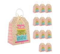 Idena 90241 - Bolsas de regalo Tarta Feliz Cumpleaños, 12 unidades, bolsas de regalo de tamaño 19 x 25 x 11,5 cm, bolsas de papel con lunares dorados