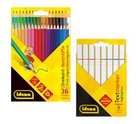 Idena 90298 - Estuche de 36 lápices de colores y 8 rotuladores, lápices de colores en forma triangular ergonómica, rotuladores con punta en cuña y ancho de trazo 1-4 mm