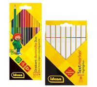 Idena 90299 - Estuche de 12 lápices de color en 24 colores y 8 subrayadores, lápices de color en forma triangular ergonómica, rotuladores con punta en cuña y ancho de trazo de 1-4 mm
