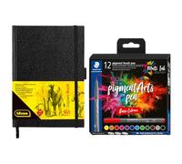 Idena 90304 - Cuaderno de bocetos DIN A5 con 160 páginas, en blanco, incluye 12 rotuladores Staedtler con punta de pincel para ancho de línea variable