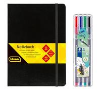 Idena 90325 - Cuaderno DIN A5 con 192 páginas, cuadriculado, incluye 4 rotuladores Staedtler Triplus Fineliner con punta superfina, 0,3 mm