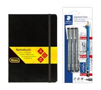 Idena 90326 - Cuaderno DIN A5 con 192 páginas, cuadriculado, incluye set Staedtler Artist con 3 revestimientos de pigmentos, un lápiz, sacapuntas y goma de borrar