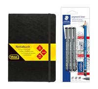 Idena 90329 - Cuaderno DIN A5 con 192 páginas, en blanco, incluye set Staedtler Artist con 3 revestimientos de pigmentos, un lápiz, sacapuntas y goma de borrar