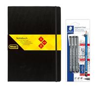 Idena 90338 - Cuaderno DIN A4 con 192 páginas en blanco, incl. STAEDTLER Artist Set con 3 rotuladores pigmentados, un lápiz, sacapuntas y goma de borrar